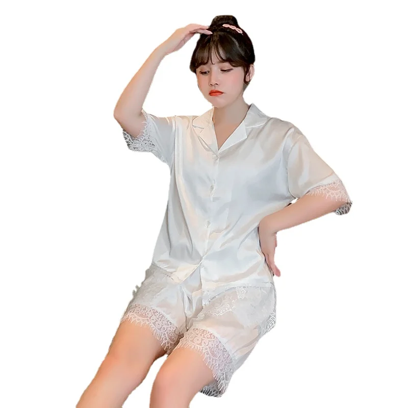 

Новинка 2022, женские летние шорты с коротким рукавом, красивый кружевной однотонный кардиган в дворцовом стиле, Женский Пижамный костюм