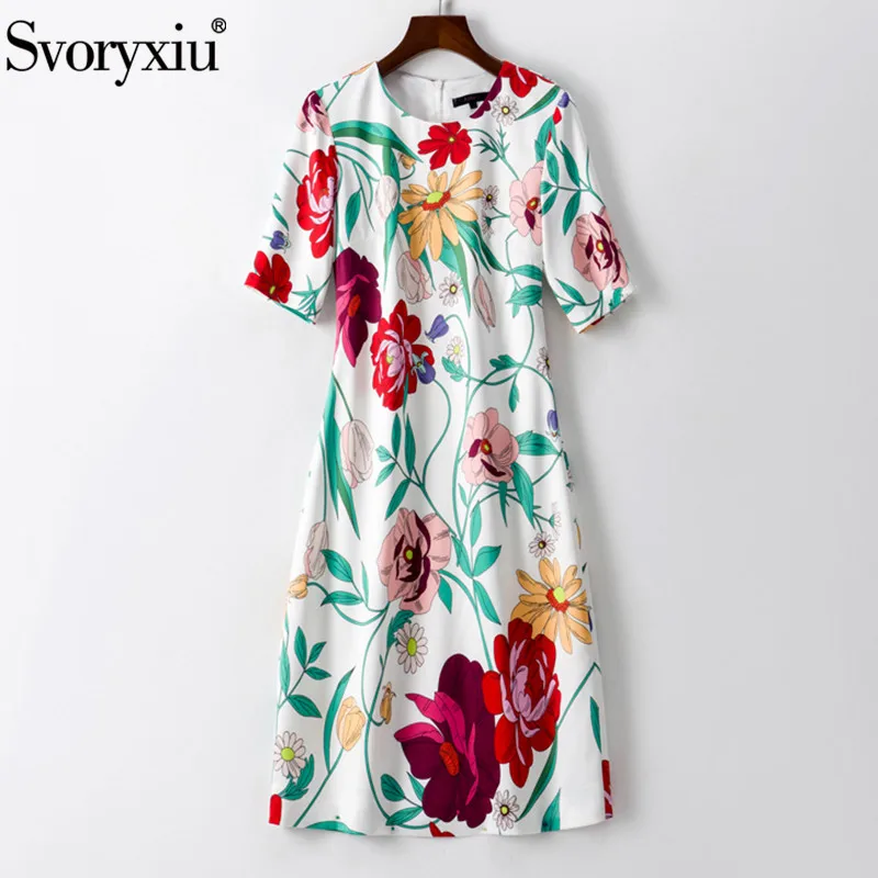 

Svoryxiu Summer Fashion Woman Elegant Short Dress O-Neck Flower Plant Printing Pattern Female Slim Party A-Line Dresses Vestdios
