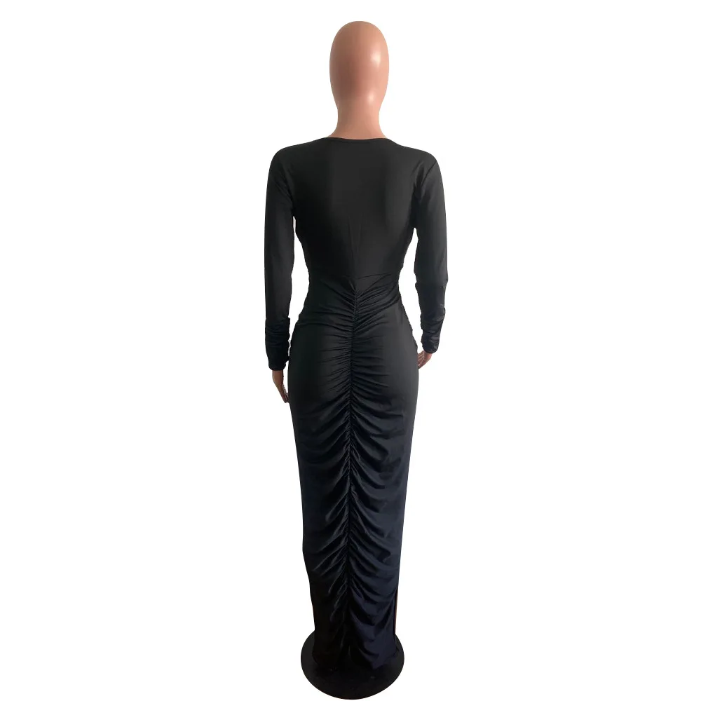 

Autumn Winter Black Sexy Maxi Dress Stacked Women Long Sleeve Ruched V-neck Boycon Club Party Night Pencil Long Dresses 2021
