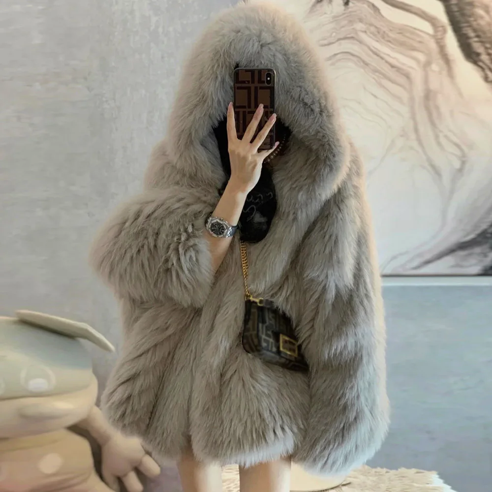 

2021 женское однотонное пальто средней длины с капюшоном из искусственного меха новая свободная тонкая модная зимняя куртка Свободная верхн...