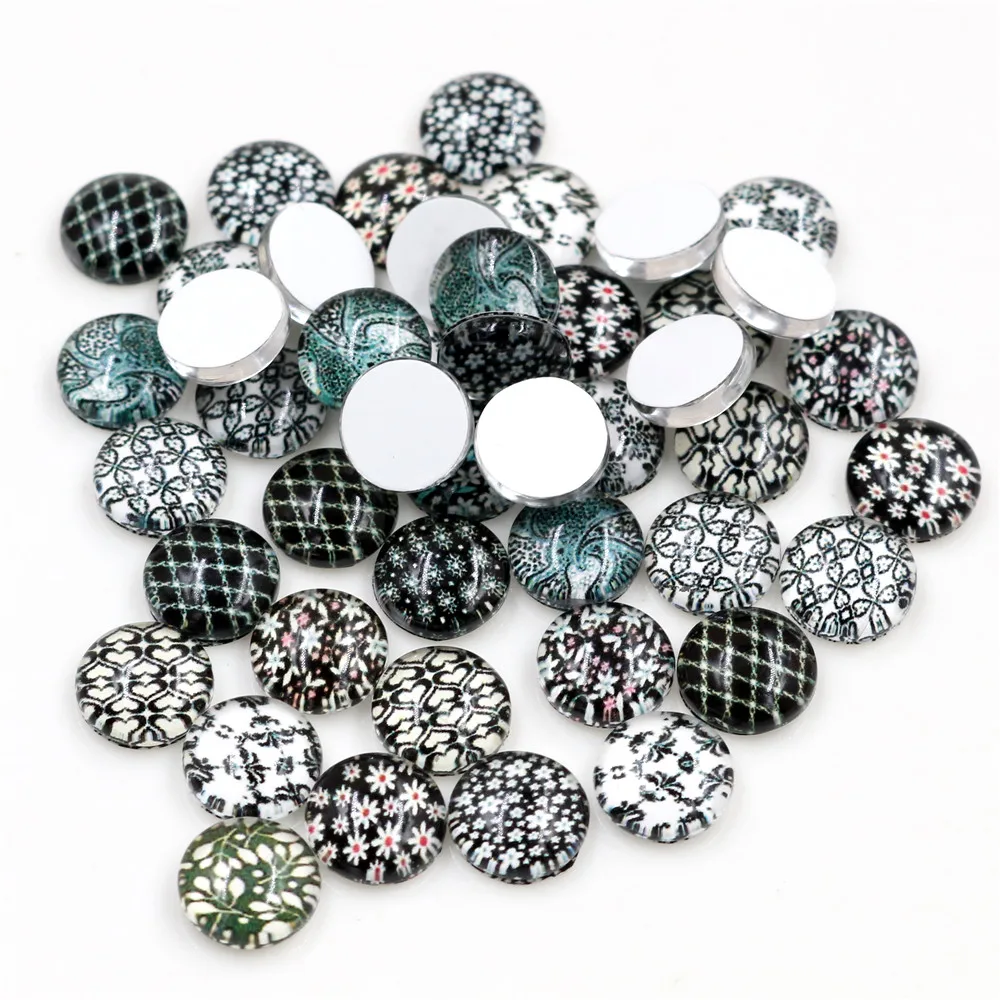 

Hot Sale 50pcs 8mm and 10mm 12mm Black Flower Mixed Handmade Glass Cabochons Pattern Domed Jewelry Accessories Supplies