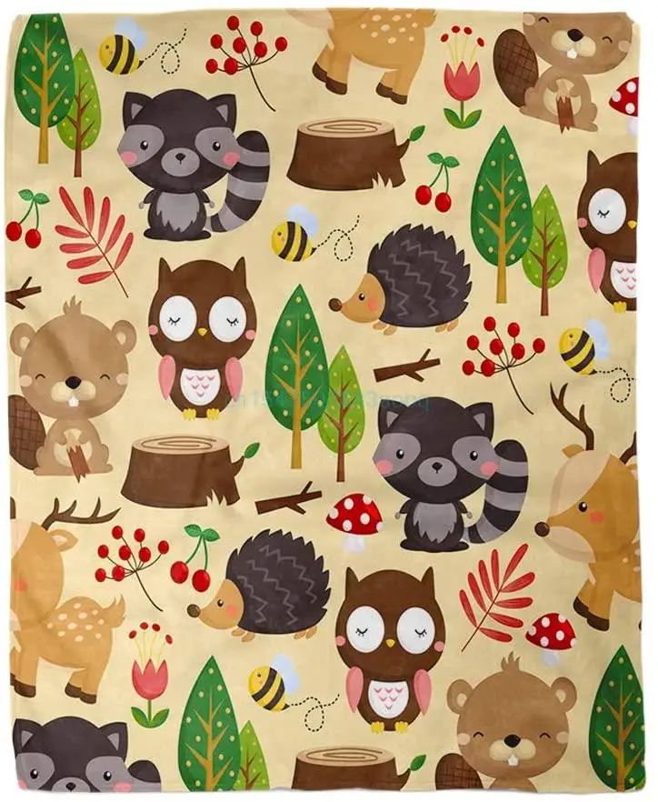 

Flannel Throw Blanket Animal Woodland Light Cute Hedgehog Creature Bee Forest Acorn Home Decorative Warm Cozy Soft Blanket