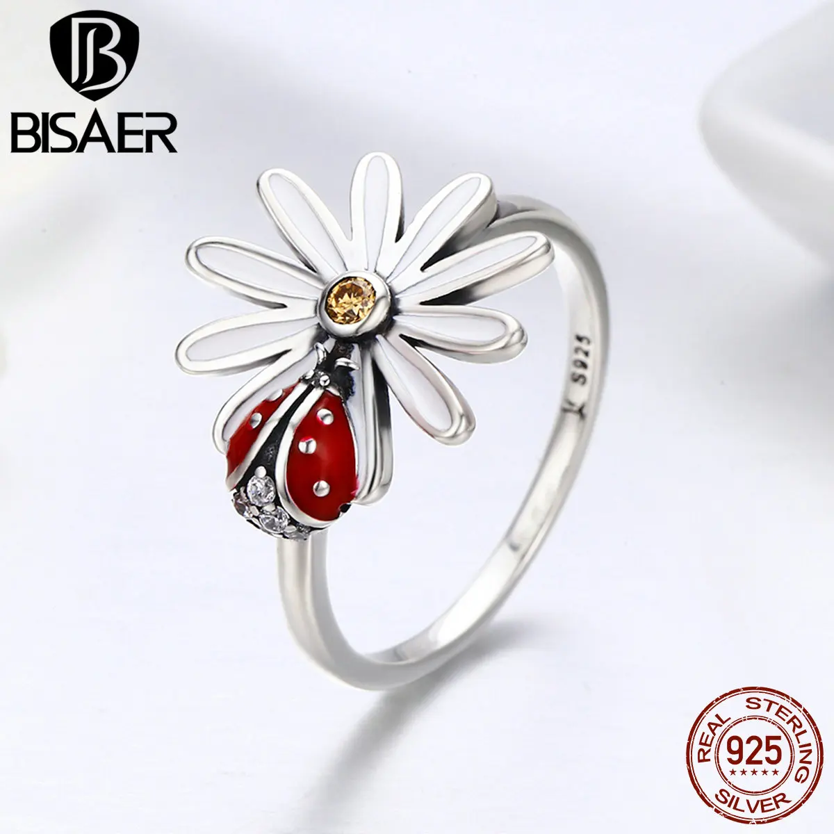 BISAER Анель 925 пробы серебро Femme Божья коровка в Дейзи цветок сад кольца для Для женщин Серебряное кольцо Ювелирное Украшение GXR284