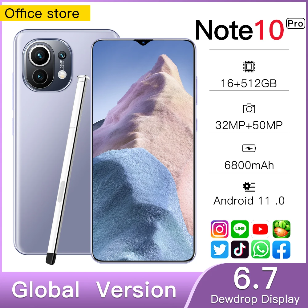 Смартфон глобальная версия 6 7 дюйма Note 10 Pro 16 + 512 ГБ Android 11 аккумулятор 6800 мАч