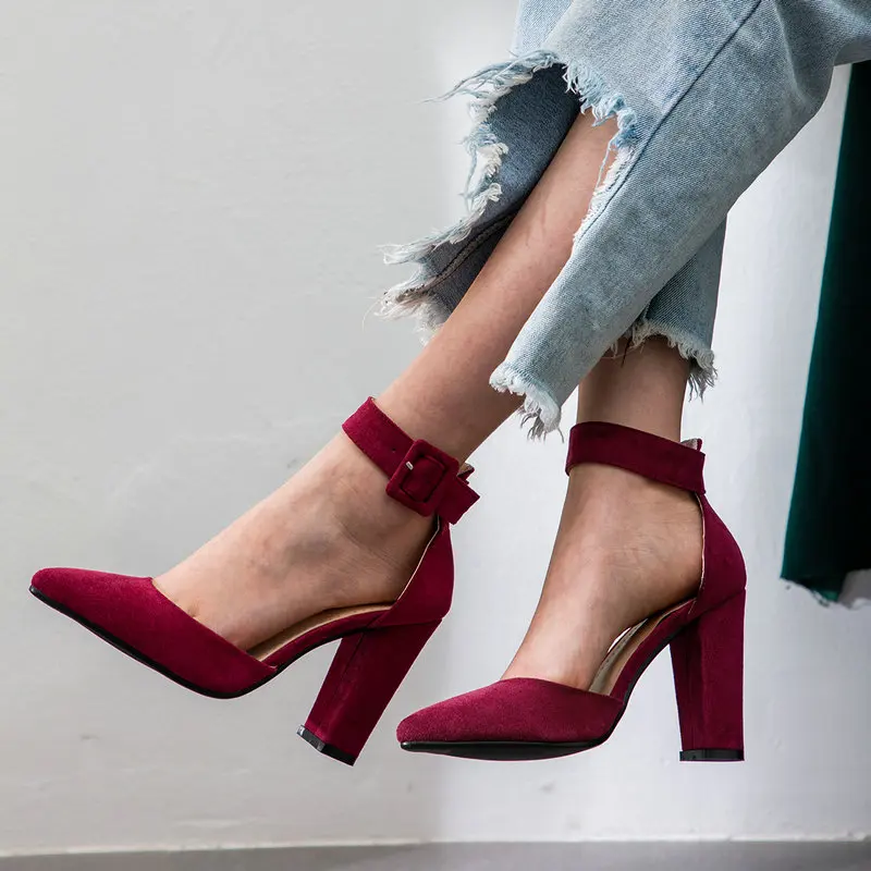 

Summer Fashion Casual Ladies Ankle Boots Faux Suede Belt Buckle Single Shoes Spring Sutumn Square High Heel Sexy Women's Shoes