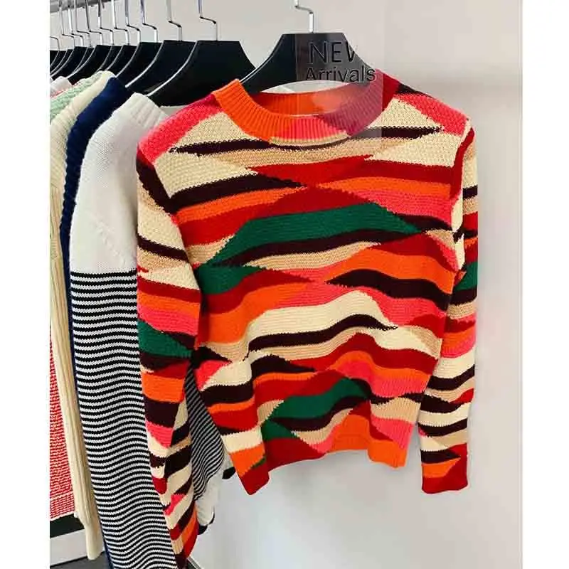 

Runway Women Sweater 2021 Design Colorful Knitted Pullover Sweaters Geometric O-Neck Long-sleeved Short Kint Pullover