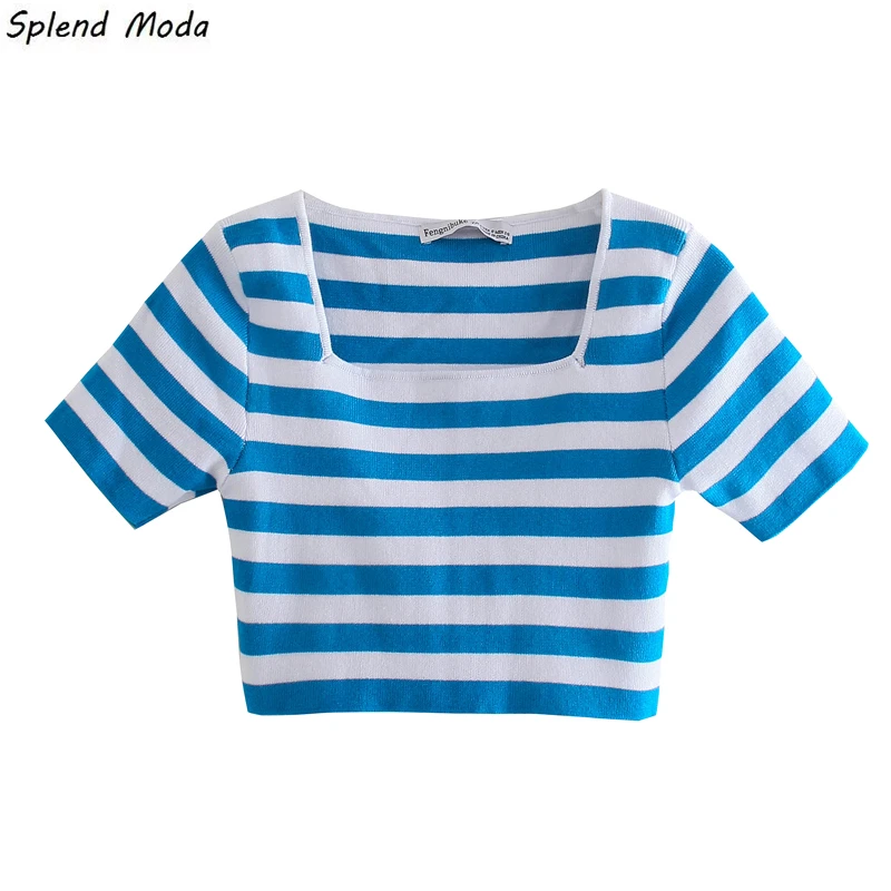 

Splend Moda Summer Short-Sleeve Elastic Knit Casual Crop Top Simple Contrast Color Striped Sweater Stretch Slim T-Shirt Women