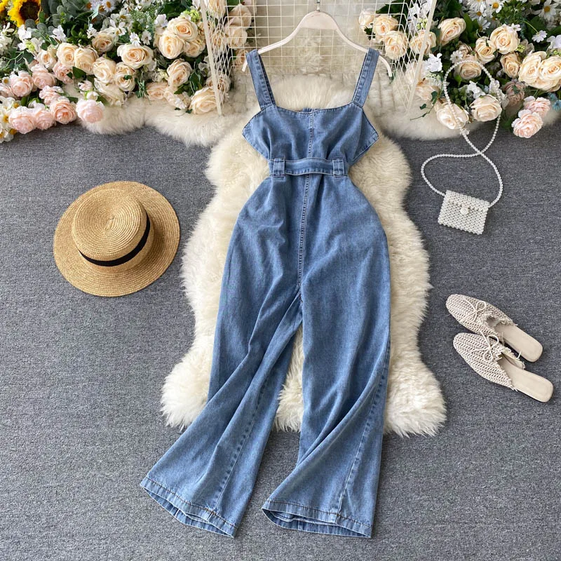 Женский джинсовый комбинезон с карманами Свободный без рукавов широкими