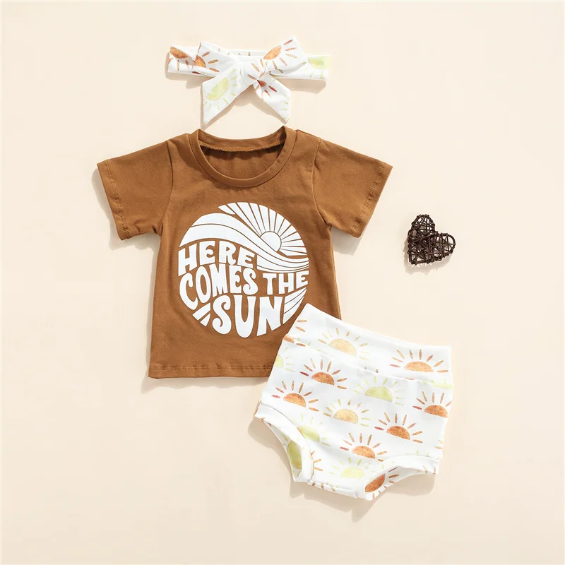 

Toddler Baby Girls Summer Casual Clothes Sets,3Pcs Newborn Baby Girls Short Sleeve Letter Sun Print Tops+Shorts+Headband Set
