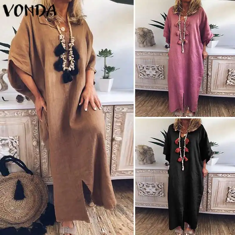 VONDA размера плюс длинное платье Макси женское винтажное платье с коротким рукавом весна лето повседневное свободное платье