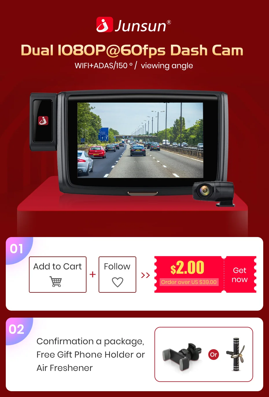 Junsun фронтальная 1080 P+ Rear1080P 60fps Автомобильная dvr камера ADAS Wi-Fi HD камера ночного видения рекордео для видеорегистратора