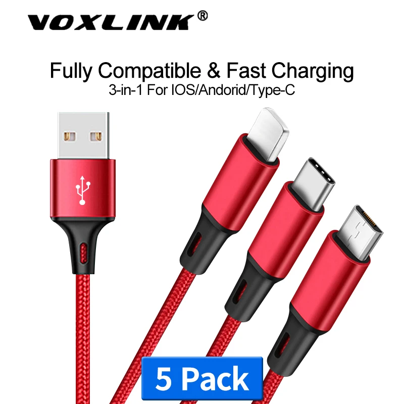 3 в 1 USB кабель VOXLINK 5 упаковке зарядный Micro Type C для быстрой зарядки iPhone Samsung Huawei Xiaomi