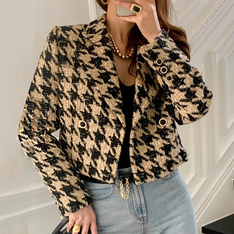 

2021 Autumn Female Turn Down Collar Double Breasted Minimalist Loose Plaid Cotton Heavy Tweed Jacket Cardigan Coat