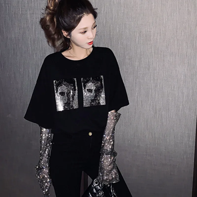 Diamond Shinny Mesh Patchwork Black T Shirt Oversized Printed Casual T-shirt Women Summer Tee Basic Harajuku 2020 | Женская одежда