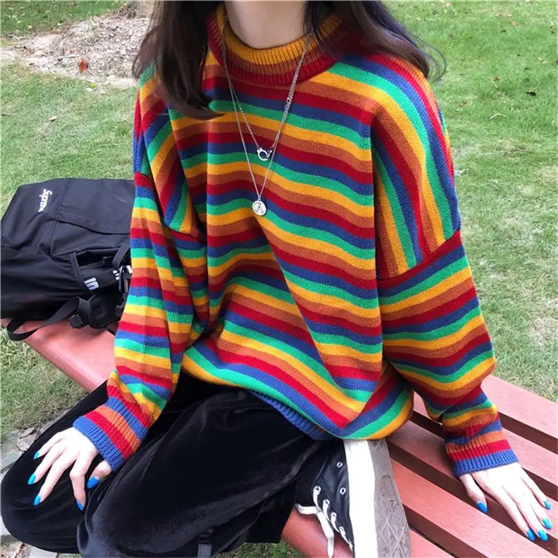 Women's Knit Sweater Loose Stripe Sweaters Long Sleeve Color Womens Pullover Japanese Kawaii Clothing Winter Clothes for Women | Женская