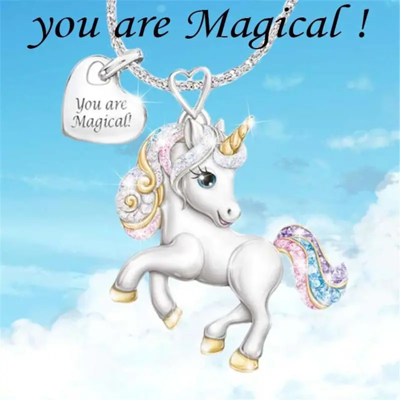 

Rainbow Crystal Cute Cartoon Animal Unicorn Necklaces for Women Girls Fashion Heart Pendant Necklace Female Party Jewelry Gifts