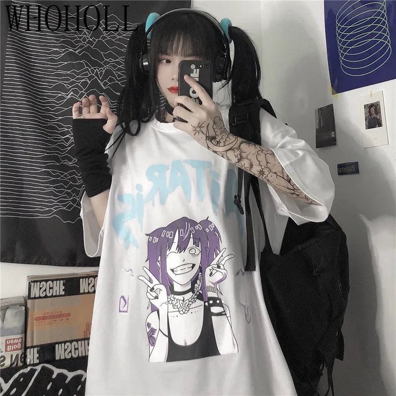 

WHOHOLL Gothic T-shirt Women's 2021 Summer Harajuku Cartoon Lovely Cool Girl Letter Print Loose Short Sleeve Loose Oversize Top