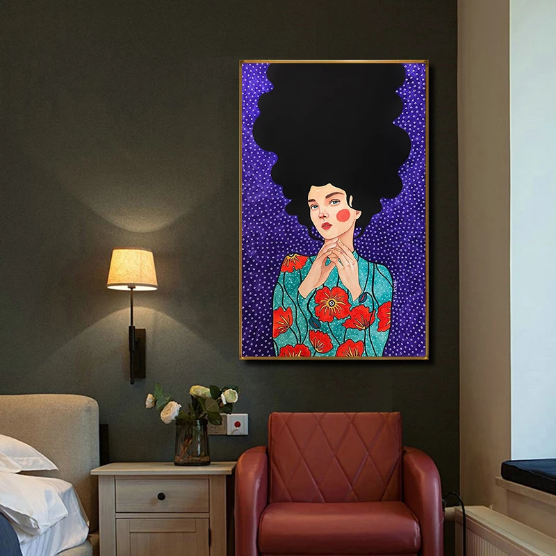 Винтажный постер с черными волосами для женщин Цветочная девушка Скандинавская