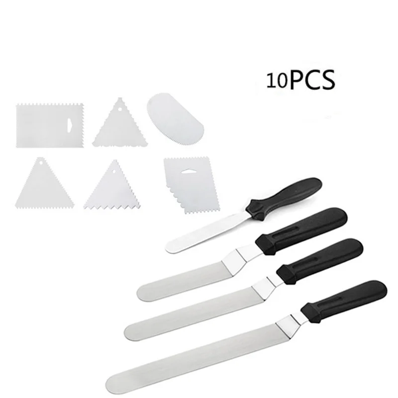 10pcs Stainless Steel Spatula sets Baking Pastry DIY Tools Fondant Cream Mixing Scraper Smooth Cake Trapezoid |