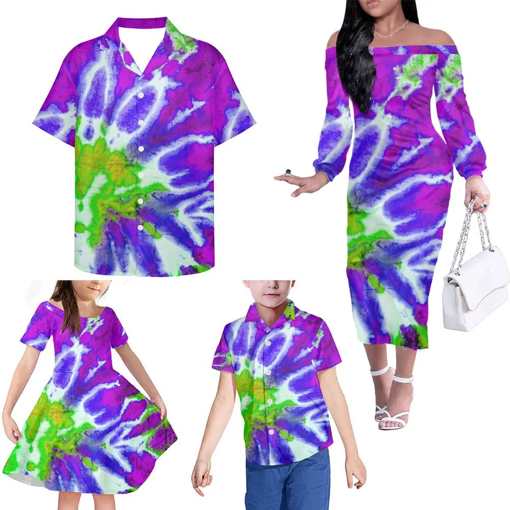 

Hycool Tie Dye Фиолетовый Зеленый принт семейный внешний вид женские сексуальные Клубные платья Мужская рубашка детское летнее платье