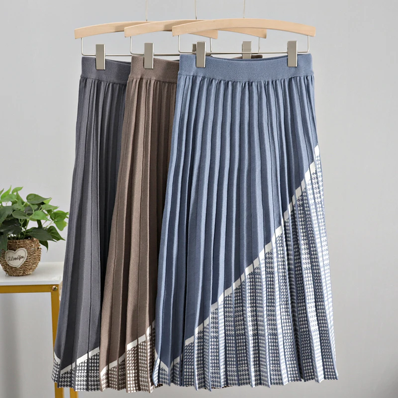 

NEW Jacquard Knit Women Knitted Skirt Elastic High Waist Maxi Skirts Autumn Winter Thick Warm Party Pleated Skirts