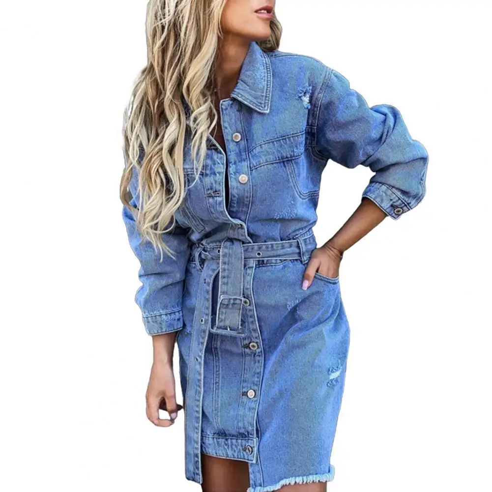 

2021 New Autumn Female Denim Dress Single-breasted Belt Spring Autumn Lapel Pockets Irregular Hem Ripped Dress Party Vestidos