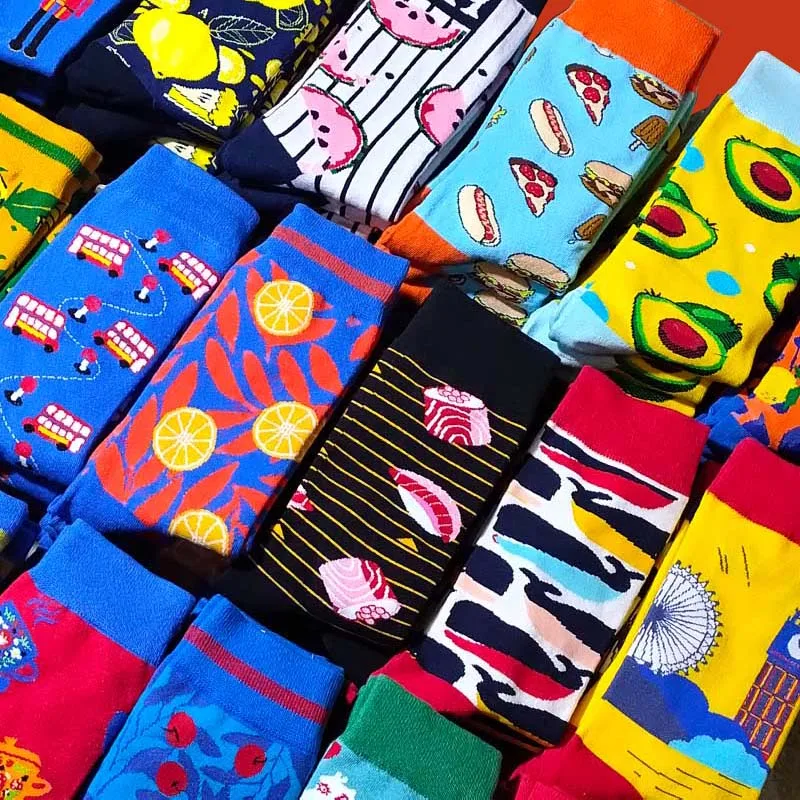 Мужские цветные чёсаный хлопок носки для Hiphop с рисунками фруктов питания Happy