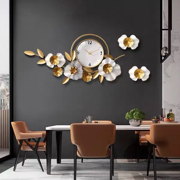 

Simple 3D Wrought Iron Ginkgo Leaf Decorative Wall Clocks Fengshui Home Livingroom Hotel Mute Clock Wall Sticker Mural Crafts