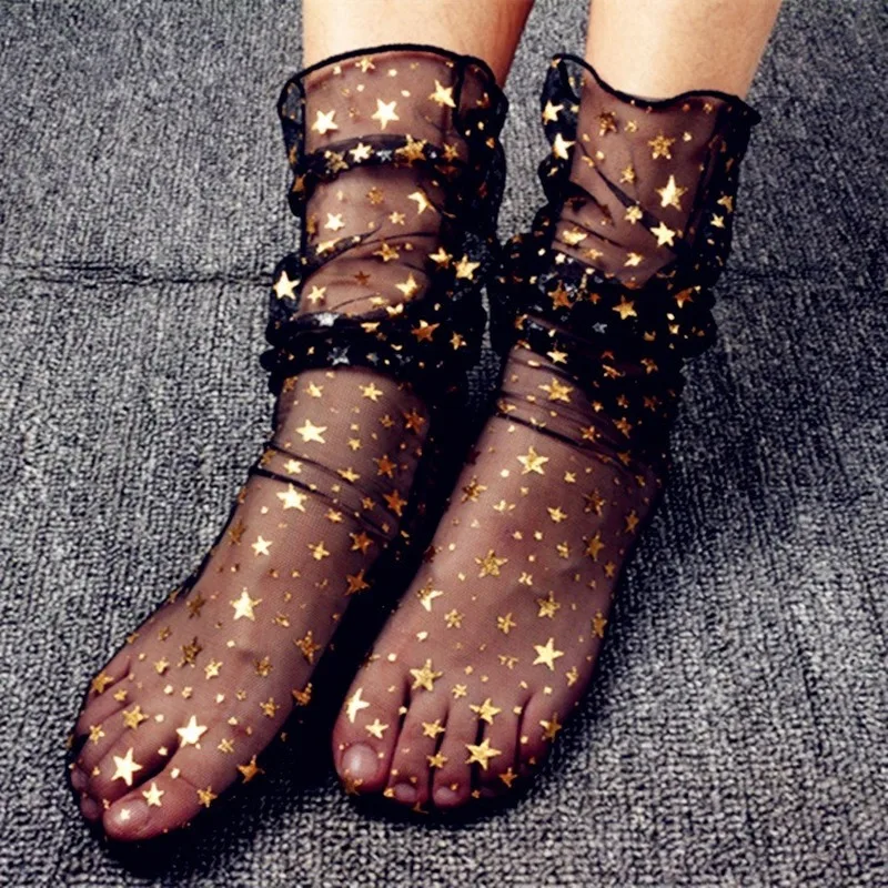Женские носки на весну и лето новинка сверкающие золотые серебряные со звездами