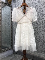 top quality lace dress 2021 fashion style women v neck crystal beading deco short sleeve large swing party white dress vestidos