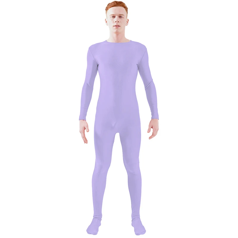 Light Purple Ensnovo, блестящий комбинезон на молнии, Zentai, колготки для всего тела для мужчин, боди на заказ, костюм из цельного спандекса с длинным рукавом - Цвет: Light Purple