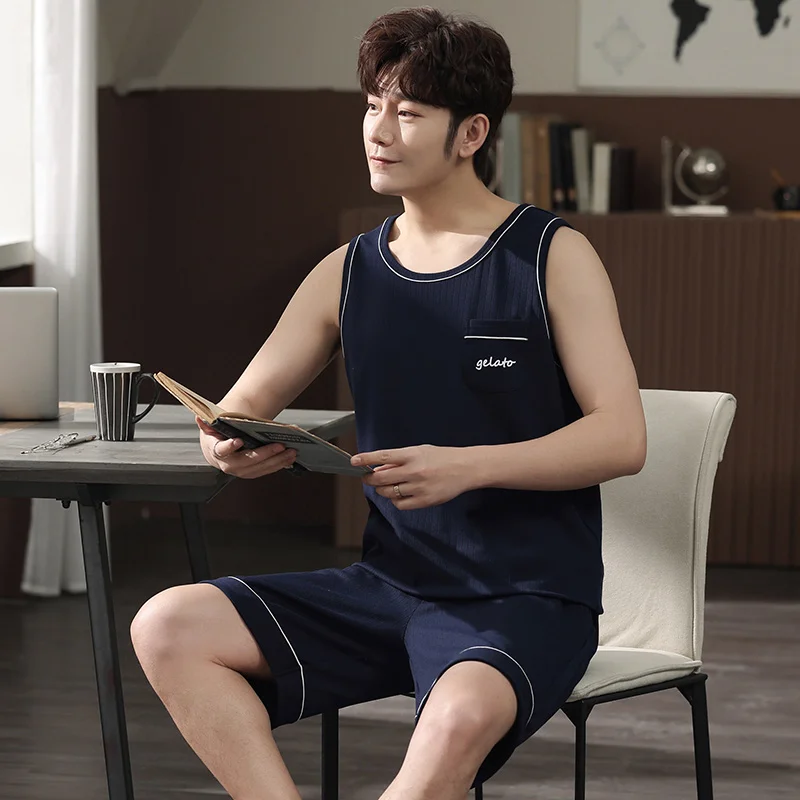 Летняя темно-синяя повседневная спортивная одежда модель 4XL Пижама для мужчин