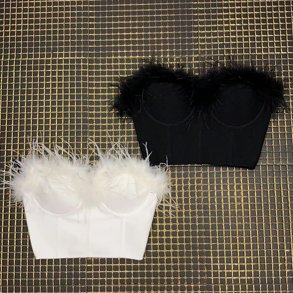 Новинка 2019 топы без бретелек с белыми и черными перьями модный пикантный летний