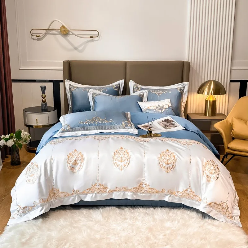 

Chic Patchwork Washed Silk Embroidery Duvet Cover Premium Satin Cotton Bedding set 4PCS bed sheet pillowcase Double Queen King