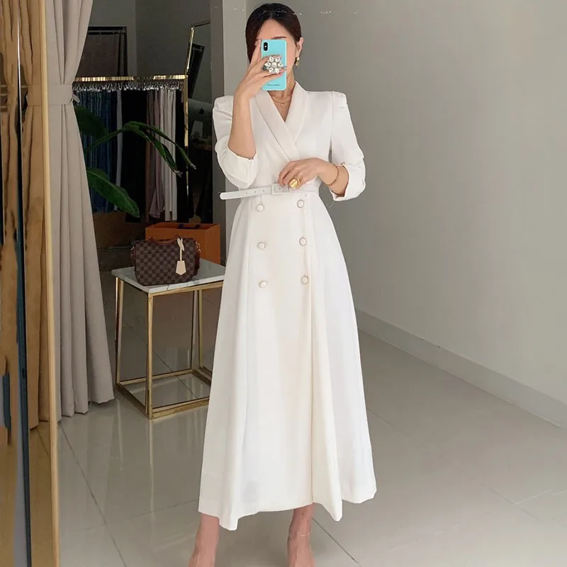 

2021 New Long-sleeved Suit Collar Double-breasted Autumn Waist Was Thinner Retro French Windbreaker Mid-length Dress