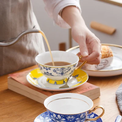 Blue And White Porcelain Coffee Cup Saucer European Small Luxury Phnom Penh Ceramic Set Afternoon Teacup Drinkware | Дом и сад