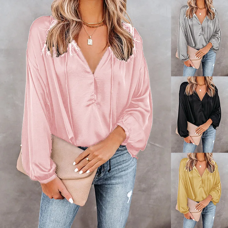

2021 Spring and Summer New Solid Color V-neck Trumpet Long Sleeve V-neck Casual Top Women's Shirt