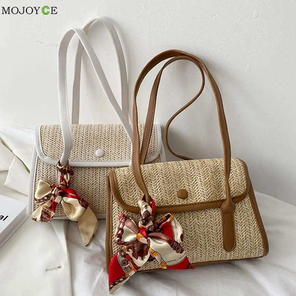 

Women Handmade Woven Handbags Leather Splicing Fashion Lady Summer Beach Casual Rattan Straw Shoulder Bags Travel Holiday Tote