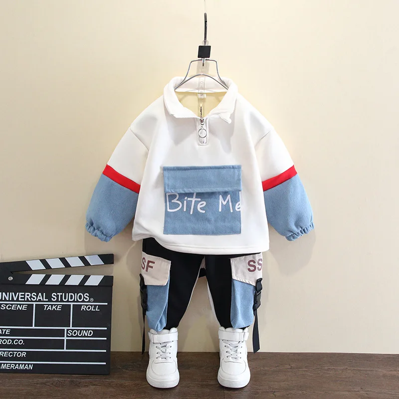 

Childrens wear Boys Suit Plush thickened autumn and winter 2020 new style children's foreign style boy long sleeve warm two piec