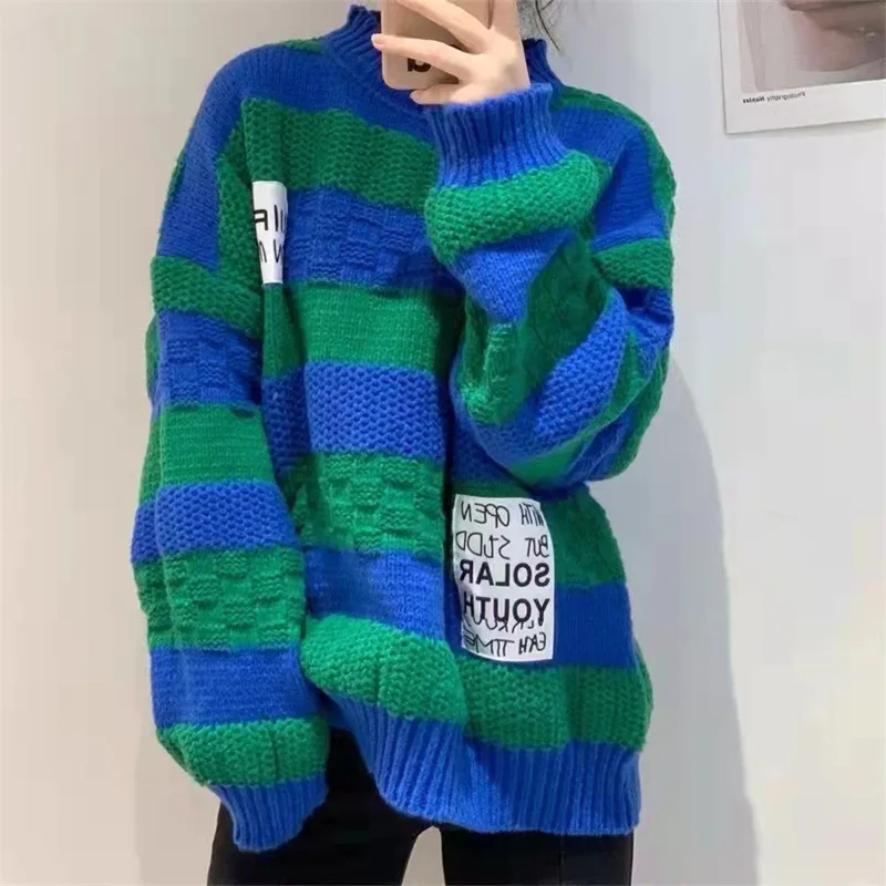 

2022 Blue green striped sweater coarse wool retro knitted pullover sweater women's new loose long sleeve top in autumn winter