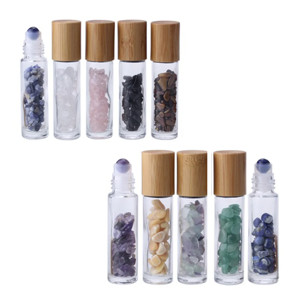 

10pcs 10ml Roller Bottles Gemstones Essential Oil Sample Bottles with Bamboo Lids