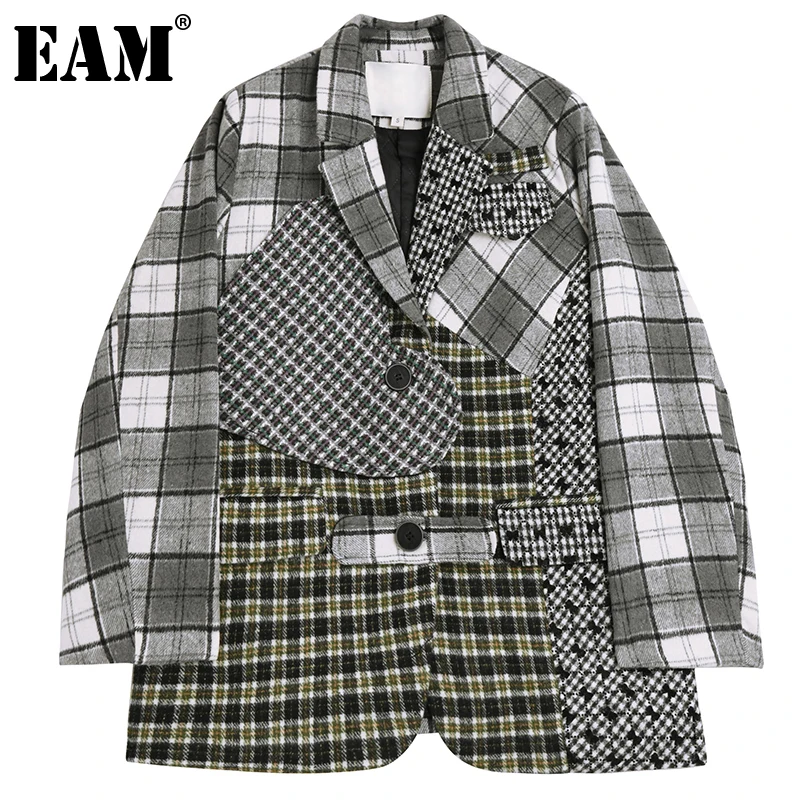 

[EAM] Women Gray Plaid Big Size Casual Blazer New Lapel Long Sleeve Loose Fit Jacket Fashion Tide Spring Autumn 2022 1DE3716