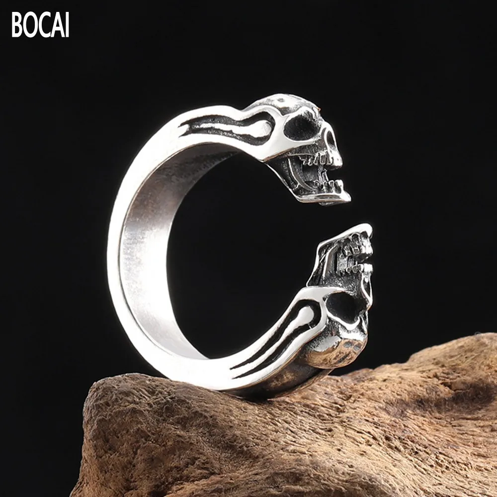 

BOCAI New 100% Pure s925 sterling silver jewelry retro skull open Man ring carved and stylish personality