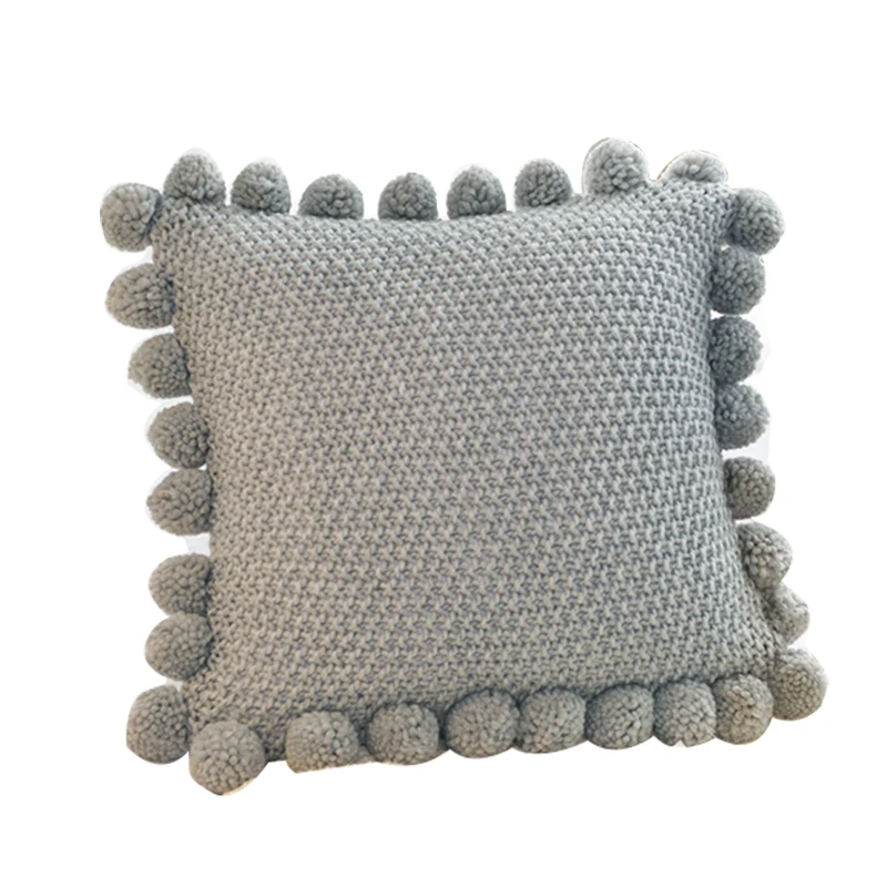 

Knitted Cushion Cover Solid Gray Coffee Solid Nordic Style Pillow Case With Balls 45*45cm Soft For Sofa Bed Room Home Decorative