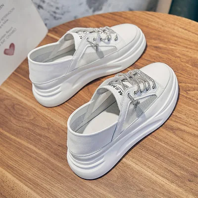 

Water shoelace white small drill shoes summer breathable mesh leather thick soles heightened muffin leisure board shoes walking