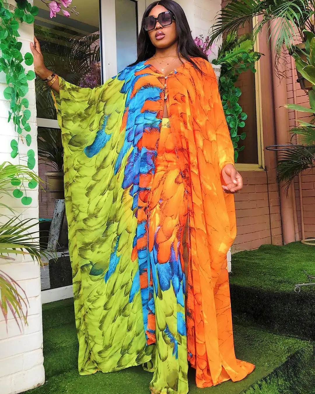 

African Ethnic Style Sexy Full Sleeve Chiffon 2 Piece Set New Fashion Party Dresses Long Dress Pants