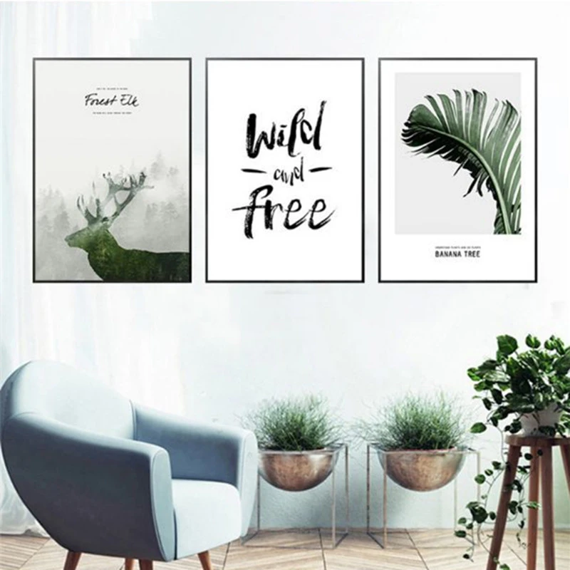 Скандинавский пейзаж зеленое дерево олень лес силуэт холст живопись растение