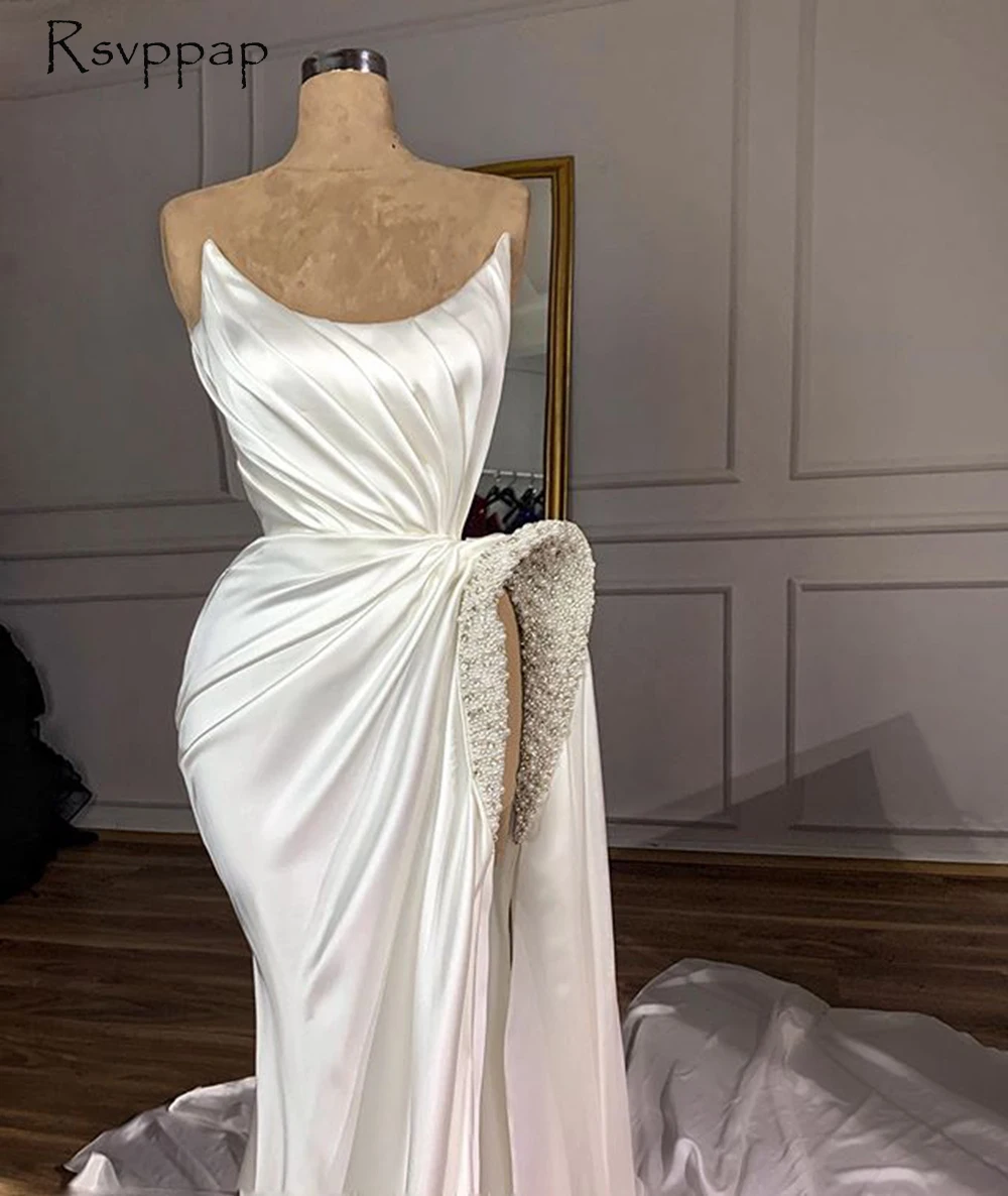 

Long White Women Evening Dresses 2020 Strapless Sexy High Slit White Satin African Women Formal Gowns