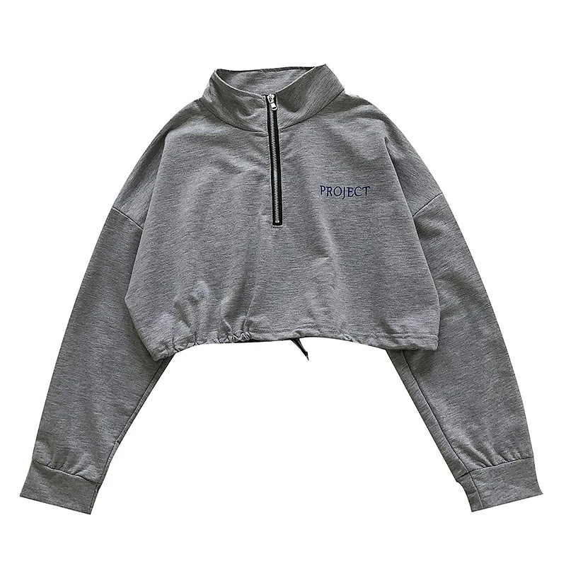 

Stand Collar Zipper Letter Hoodies Women Long Sleeve Crop Sweatshirts Autumn Casual Street Loose Short Hoodie Top Grey Black