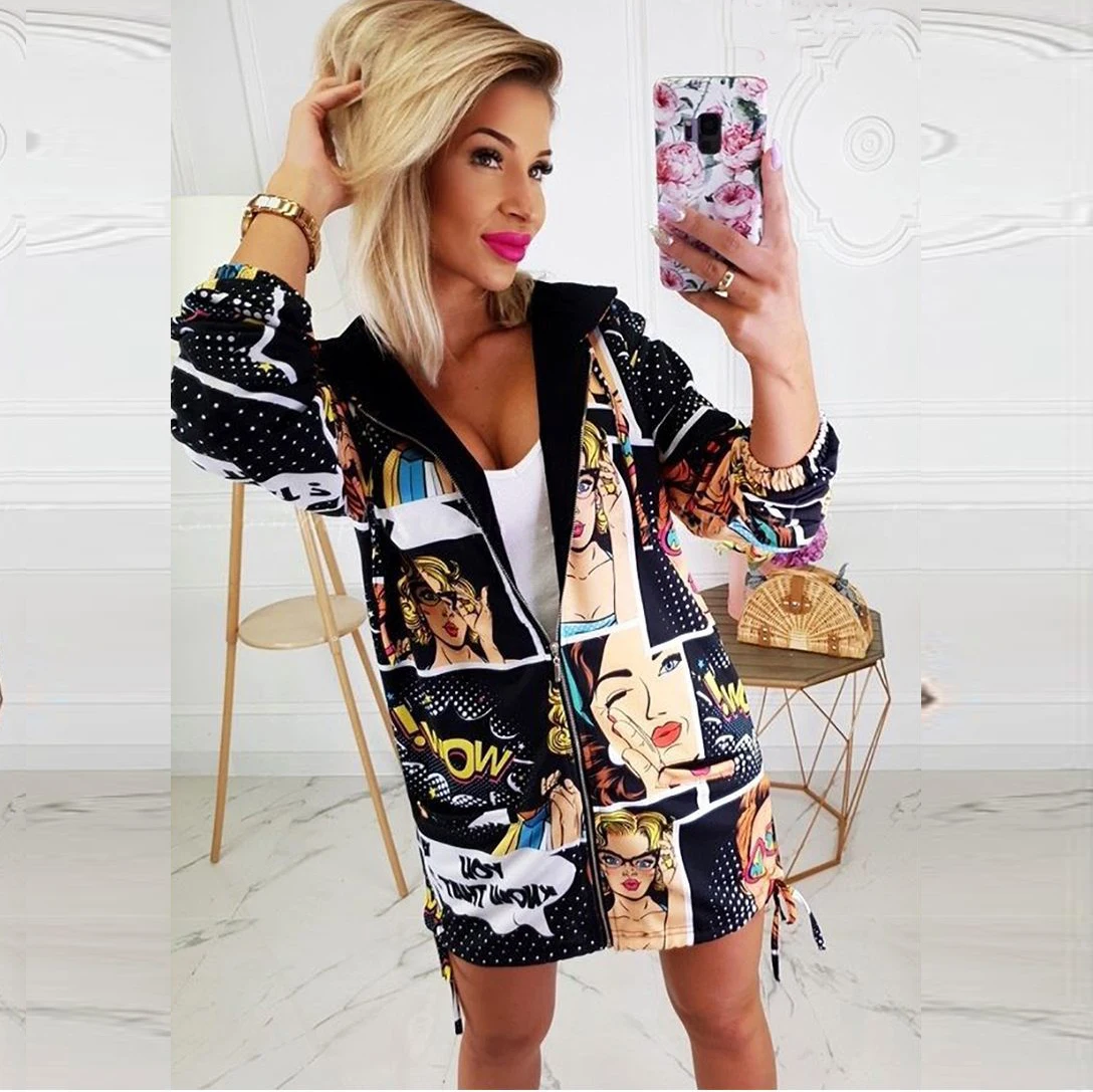 Модная женская куртка бомбер на молнии с принтом граффити повседневная